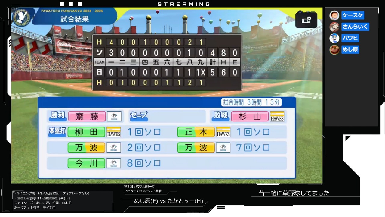 ifファイターズ 対 ifホークス 6回戦試合結果