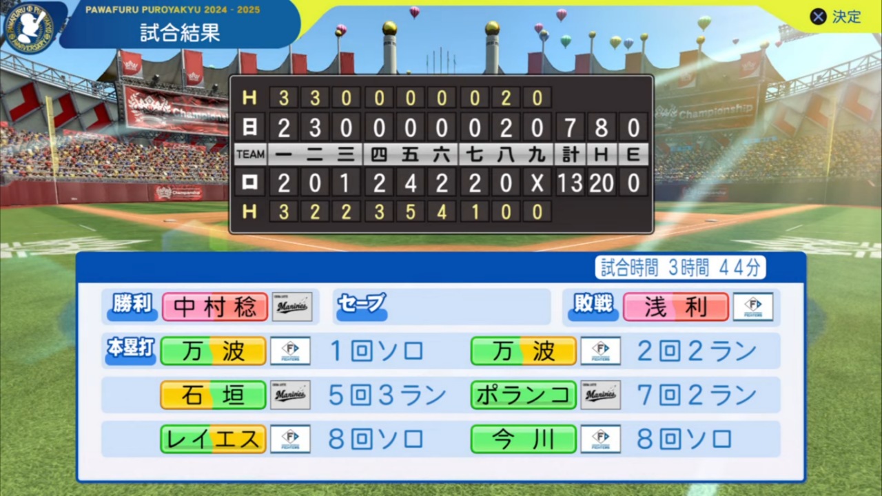 ifCSファイナル 第2戦 ifマリーンズ 対 ifファイターズ試合結果