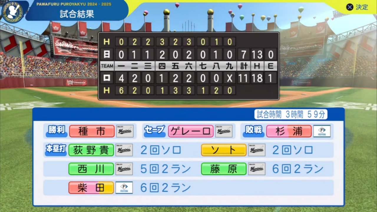 ifCSファイナル 第3戦 ifマリーンズ 対 ifファイターズ試合結果